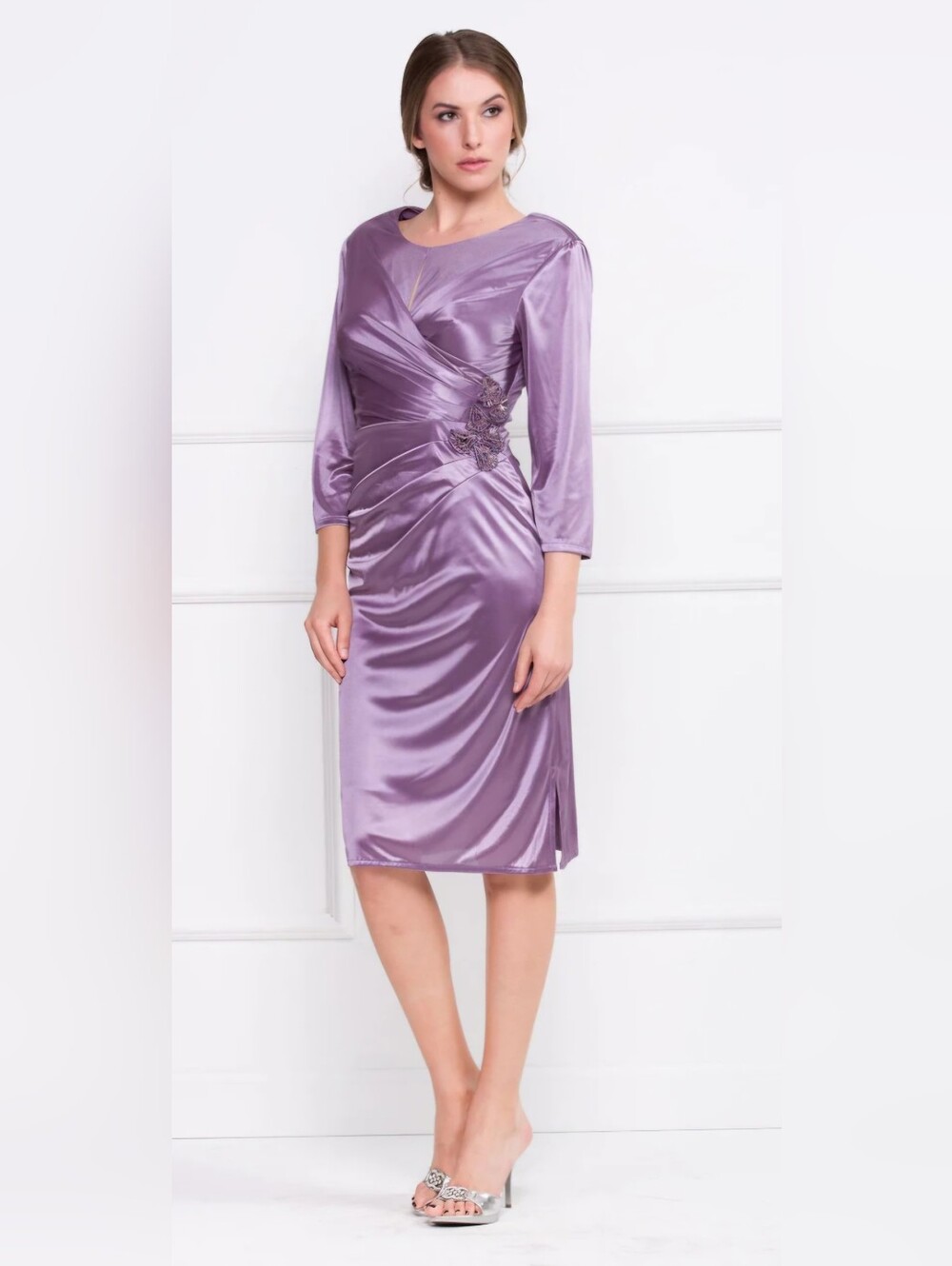 Nox Narianna Lavender Satin Sheath Dress with Floral Design Size 10